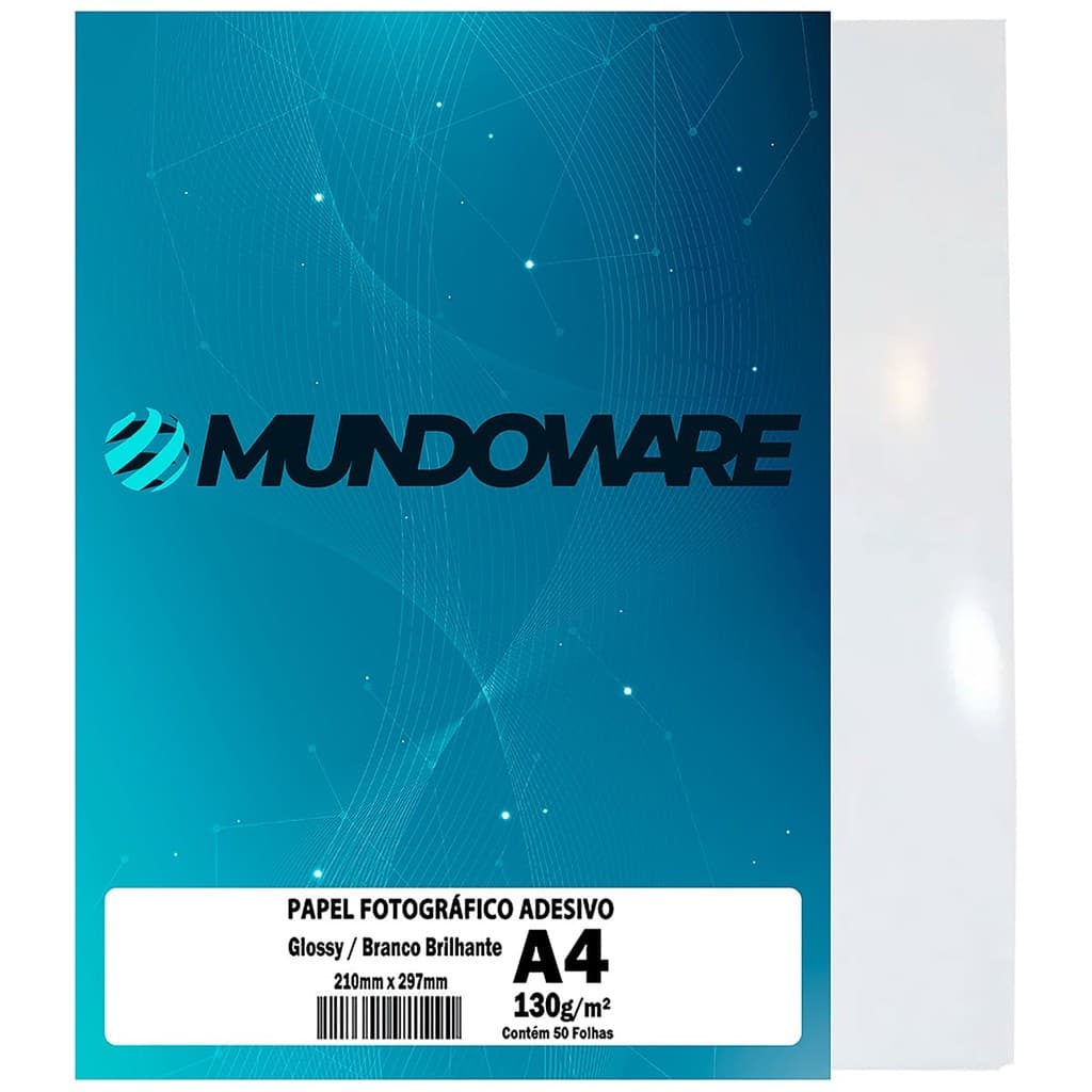 Papel Adesivo Fotográfico A4 130g Glossy Branco Brilhante com 50 folhas Mundoware