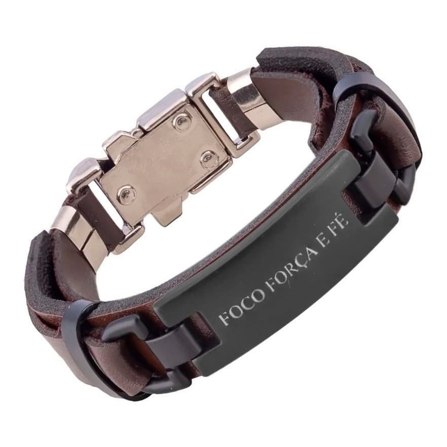 Pulseira Couro Marrom Masculina Placa Preta Foco Força  Fé REF:02DM