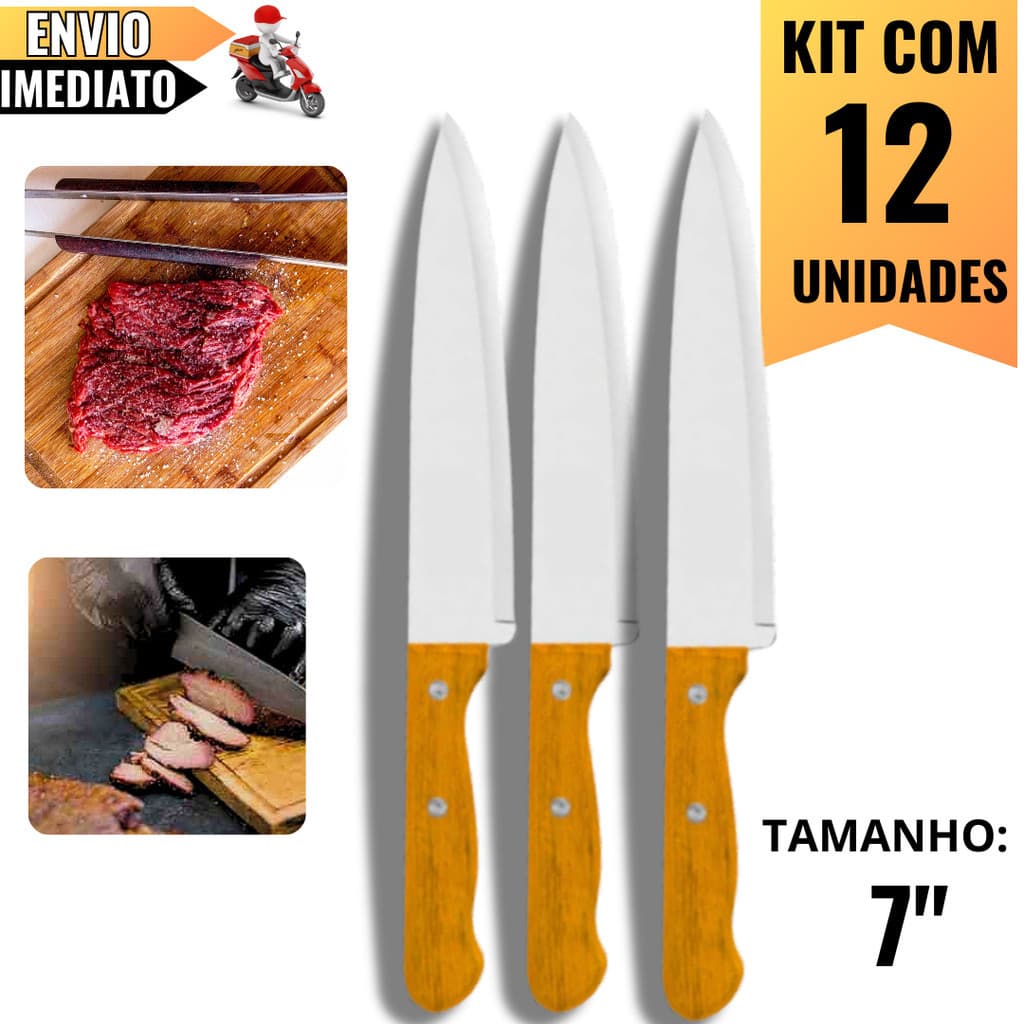 OFERTA Kit 12 Facas Profissionais de Chef 7" em Aço Inox com Cabo de Madeira – Qualidade e Precisão para sua Cozinha