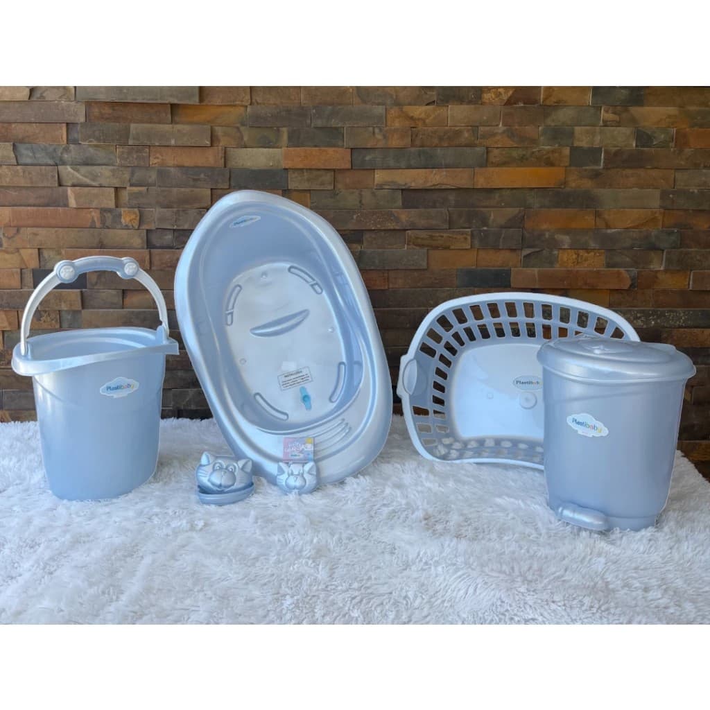 Kit Bebê Banho Banheira Saboneteira Lixeira Cesto Roupa Balde 6 ITENS