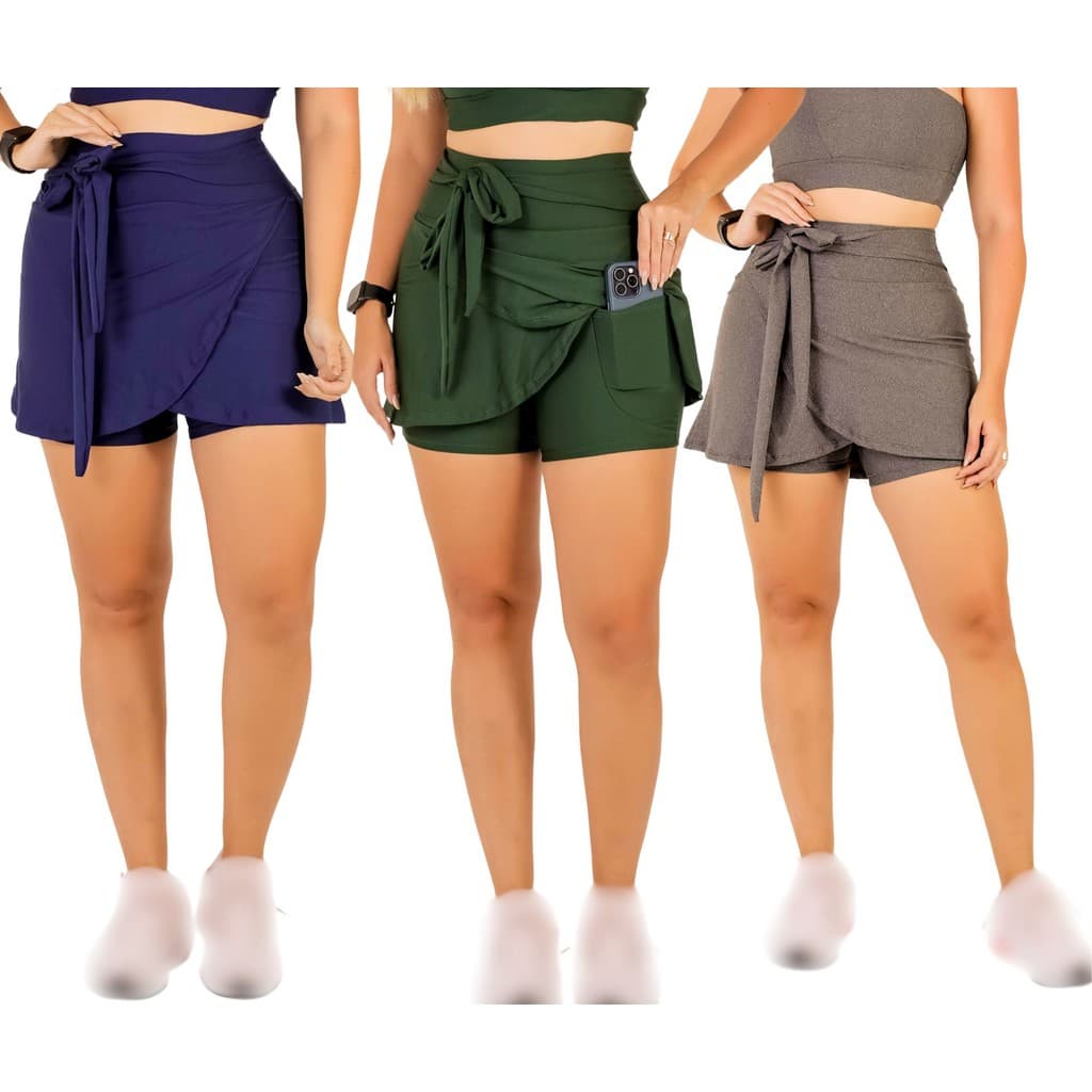 Kit 3 Shorts Saia Com Bolso Moda Evangélica Fitness Academia Feminino Treino Caminhada Ginástica The Start