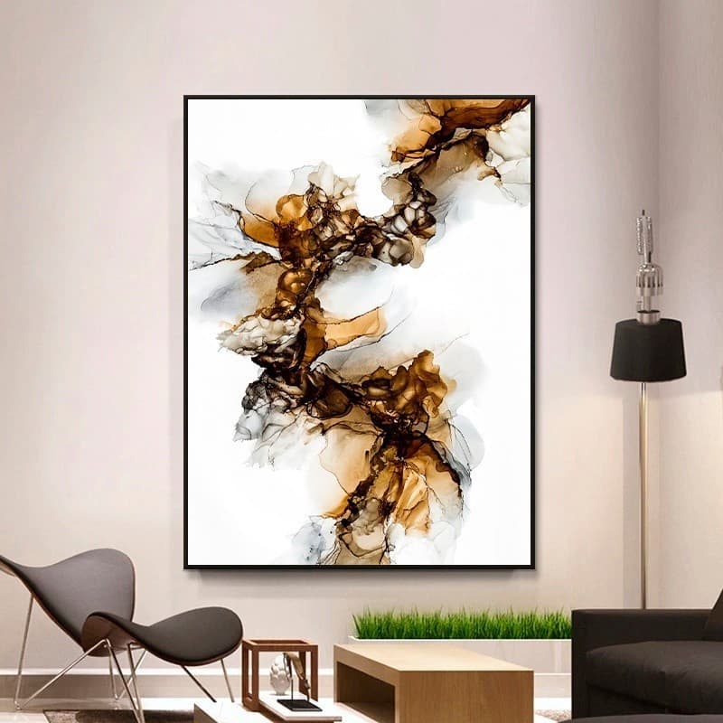 Quadro Decorativo Grande Alta Resolução Quadro de Parede Paisagem Pintura Abstrato Dourado Moderno Branco 1 Peça 70x90