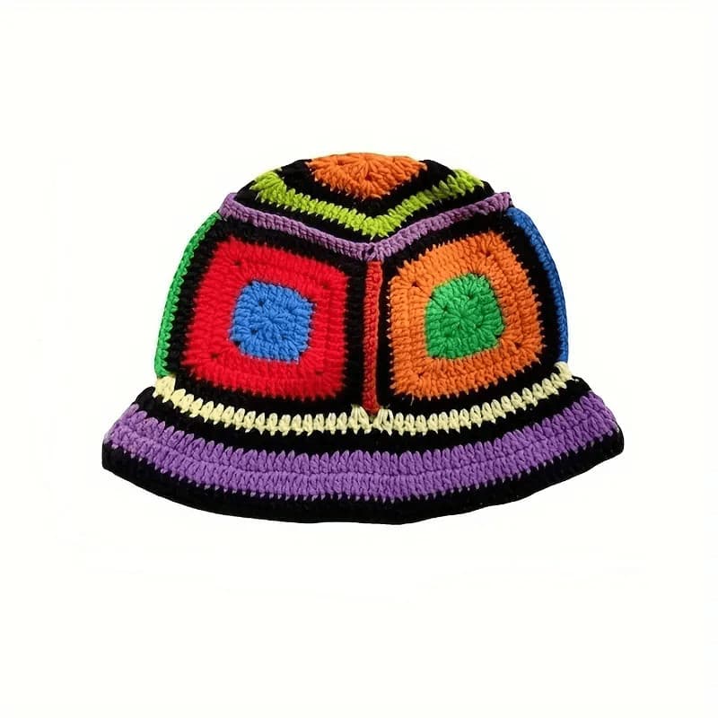 Chapéus de Moda Elevam Seu Visual de Verão com Este Elegante Chapéu Bucket de Crochê em Blocos de Cores para Mulheres-**