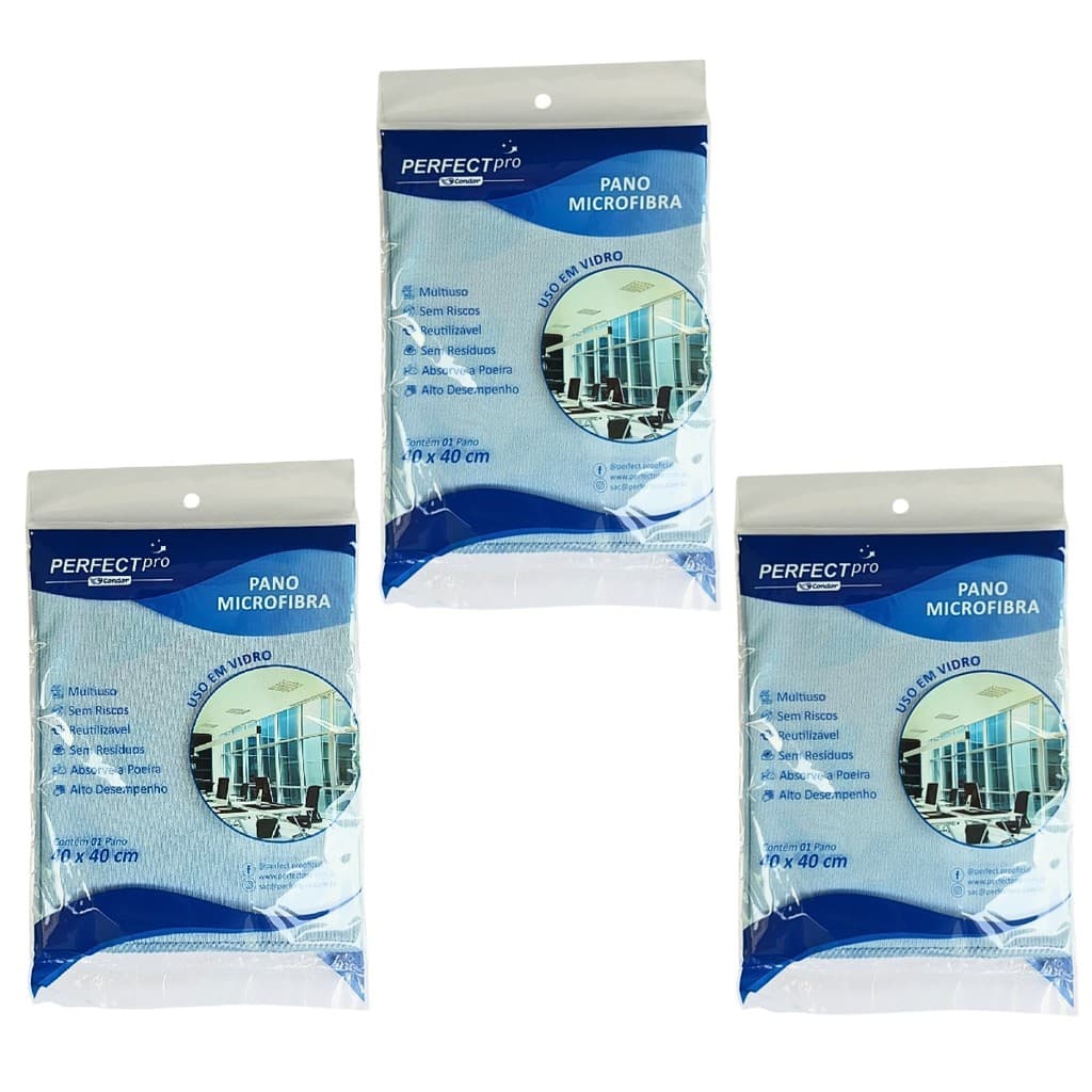 Panos Limpa Vidros Espelhos Telas 40x40cm Perfect Pro Condor Kit C/ 3 Unidades