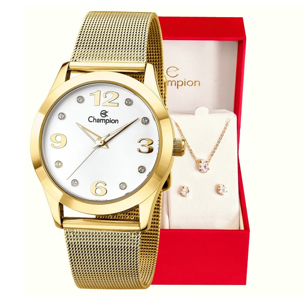 Relogio Feminino Champion Original Analógico Dourado CN29098W Conjunto Colar e Brinco Feminino