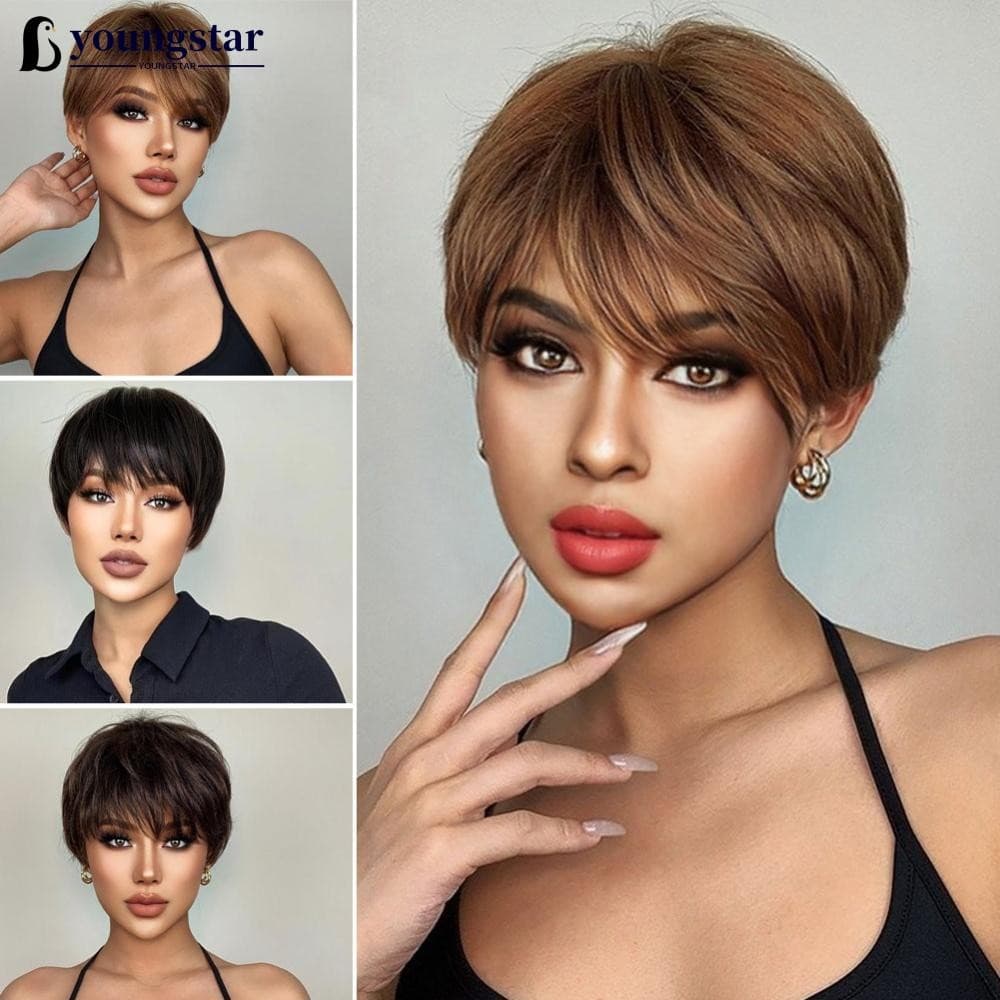 YOUNGSTAR Sintético Curto Pixie Corte Marrom Escuro Perucas Naturais Em Camadas Retas Com Franja Fofa Para Mulheres Diár