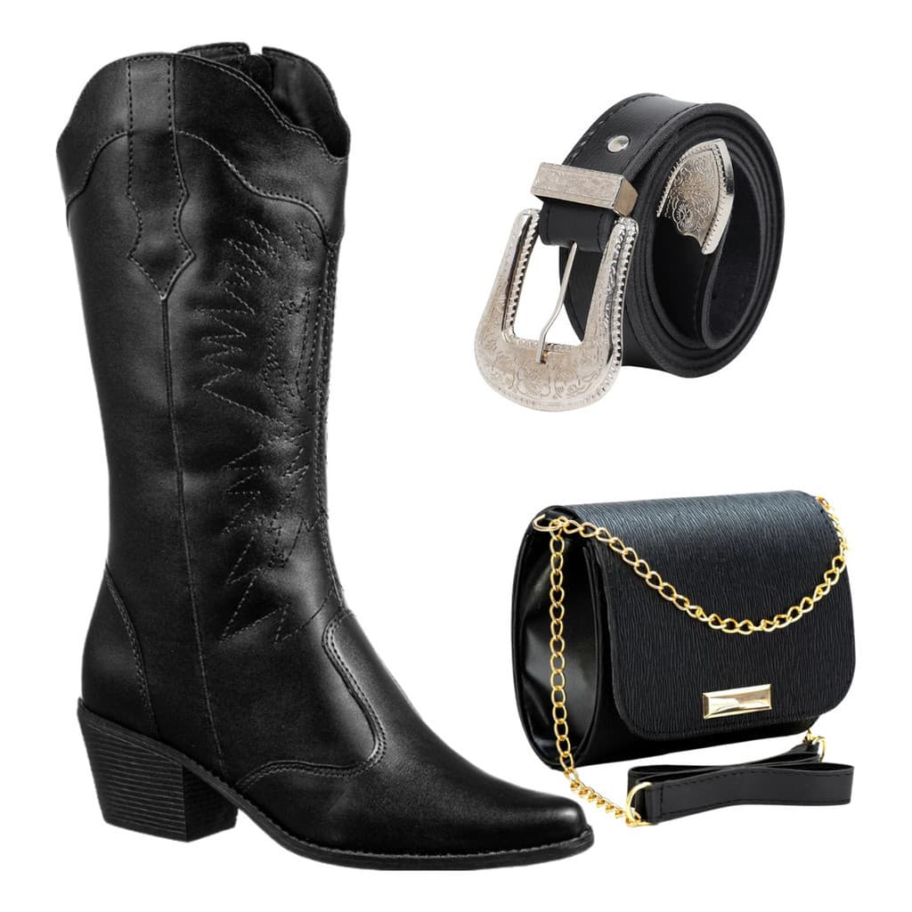 Bota Bordada Feminina Texana Country Bico Fino Salto Médio + Cinto Rodeio + Bolsa Elegante