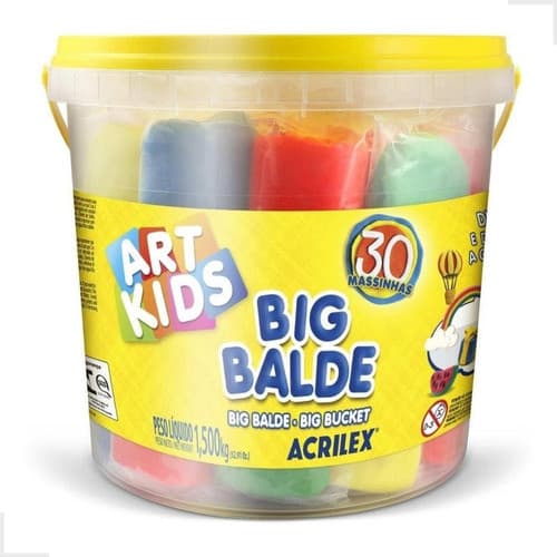 Big Balde Massinha Modelar Acrilex Soft 1,5KG c/30 potes 15 cores uso escolar e entretenimento 3+