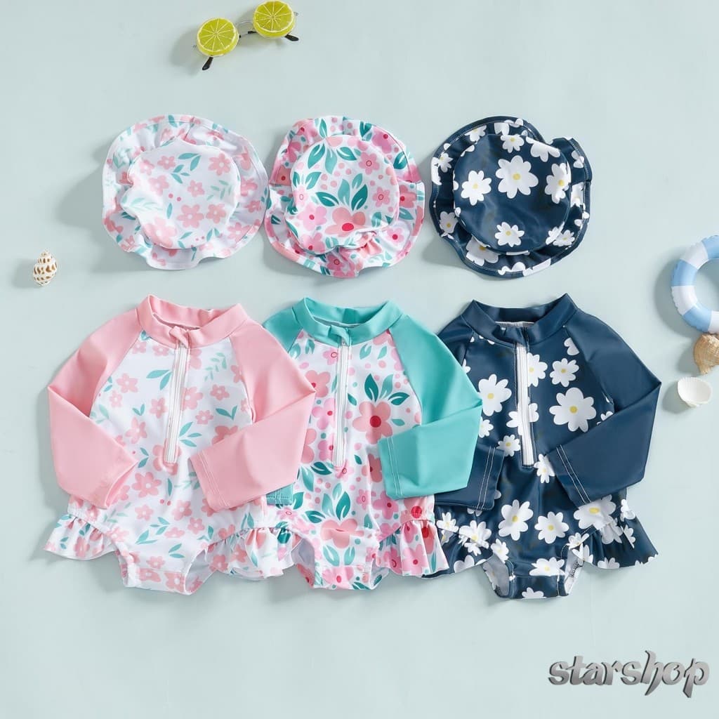 Starshop-Toddler Girls Rash Guard Maiô Macacão Manga Longa Estampa Floral Bebê Ruffle Com Touca De Natação