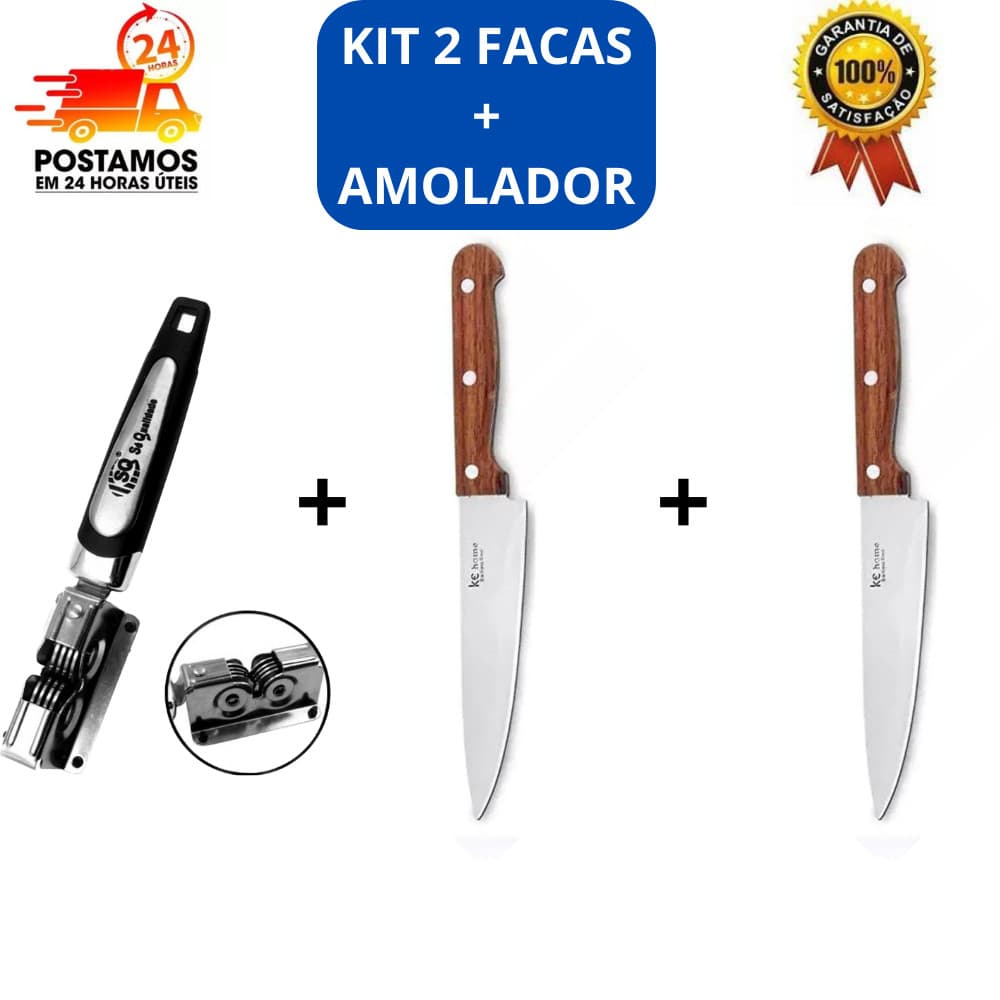 kit 2 facas de cozinha 5´´ aço inox mais amolador profissional
