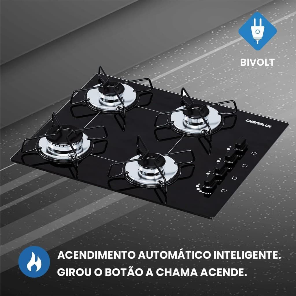 Fogão Cooktop Chamalux 4 Bocas Ultra Chama Preto 127v/220v Bivolt