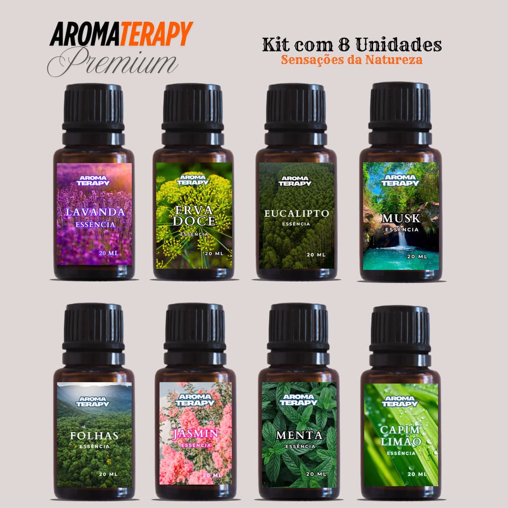 Kit de 8 Essências Hidrossolúveis 20ml | Para Umidifccador, Difusor de Ar e Ambiente | Essências