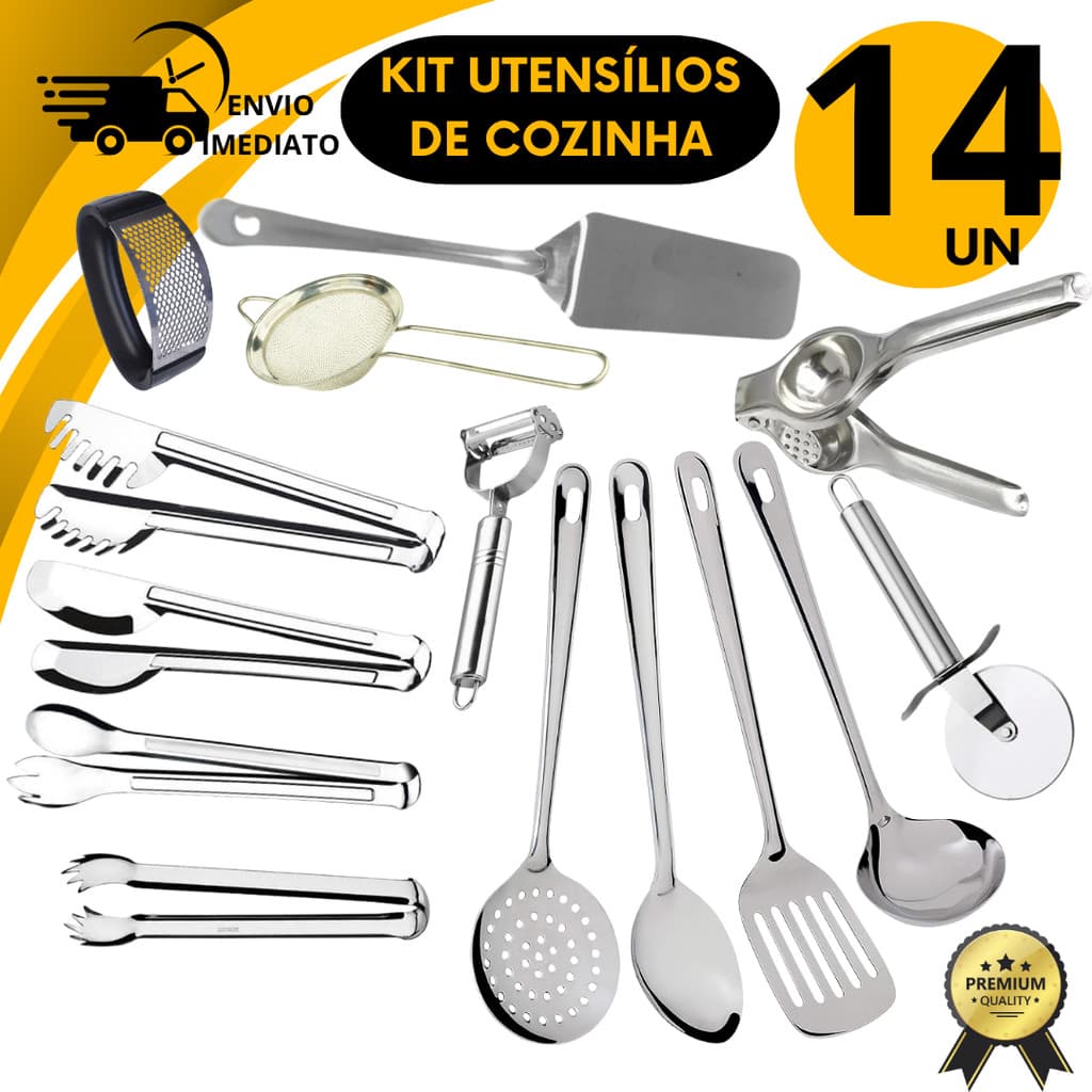 Kit 14 Peças de Cozinha Completo Concha Escumadeira Colher Espátula Descascador Legumes Cortador Pizza