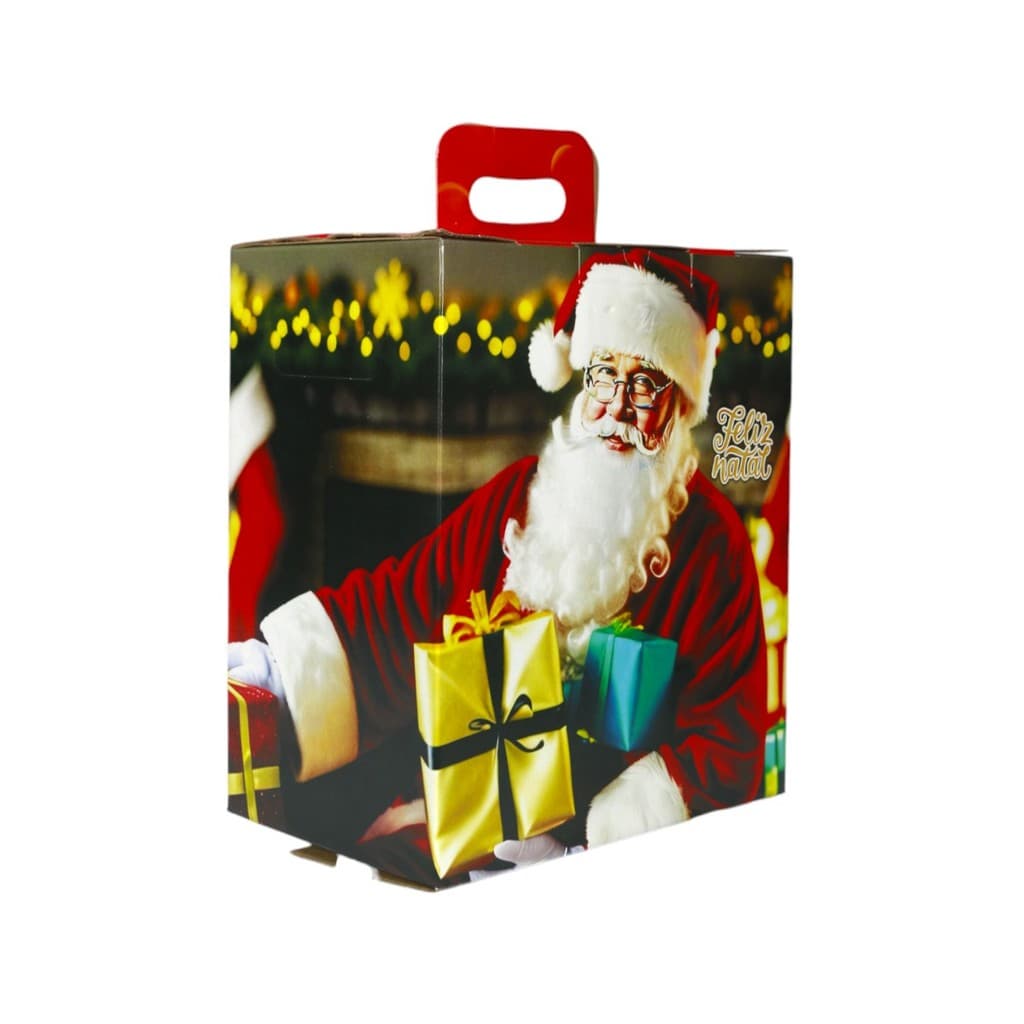 Caixa de Presente Média Feliz Natal com Papai Noel e Presentes – Embalagem Natalina Decorativa
