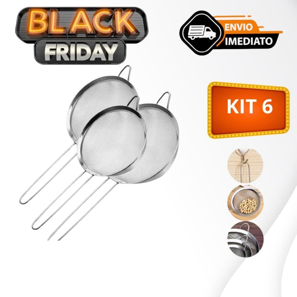 Kit 06 Peneira Coador Manual Em Aço Inox Para Cozinha 12cm 16cm 20cm
