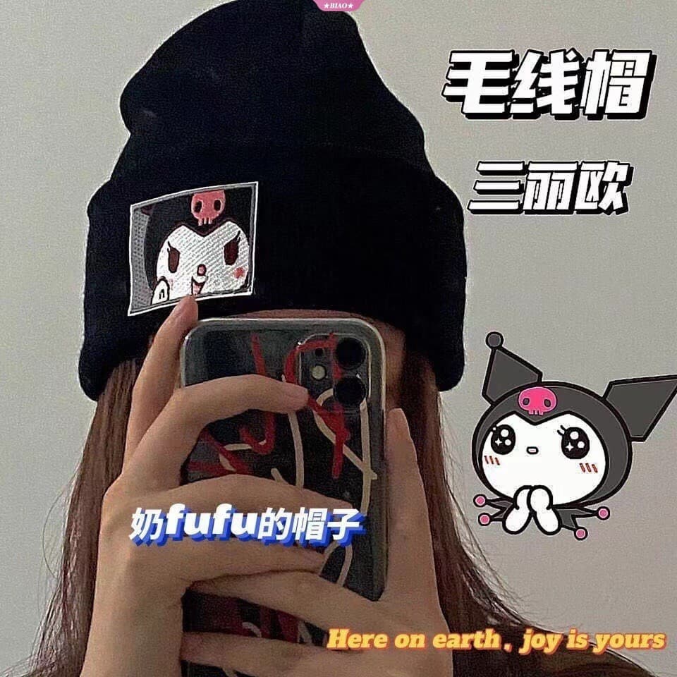 Boné de Malha Sanrio Hello Kitty Kuromi Melody Cinnamoroll Casual de Inverno Quente Boné de Beisebol Feminino