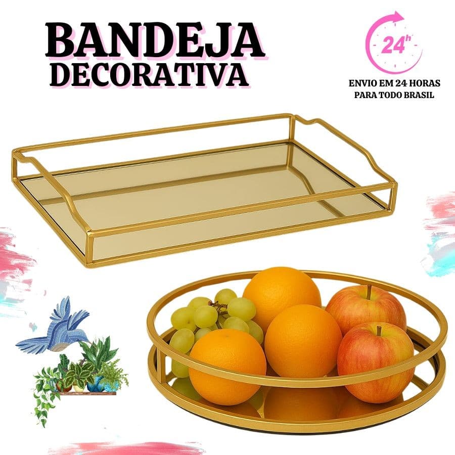 Bandeja Decorativa Espelhado em Metal Multiuso Retangular ou Redonda Dourada