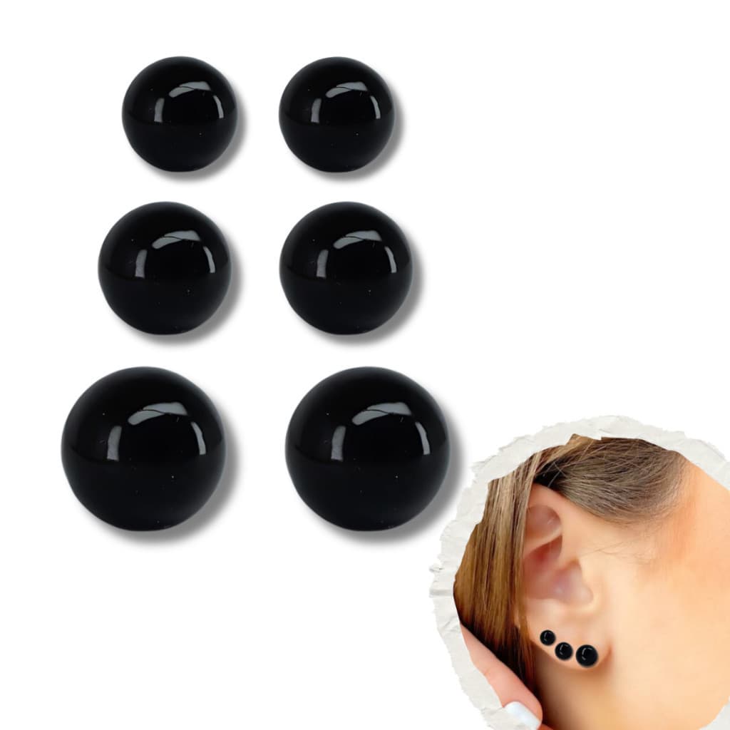 Trio de Brincos Feminino Bolinha 4,5,7mm Perola-Negra Aço Inox LIVE