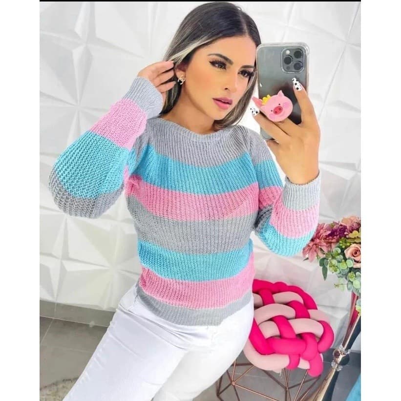 Blusa De Frio Feminina Suéter de Tricô Gola Redonda