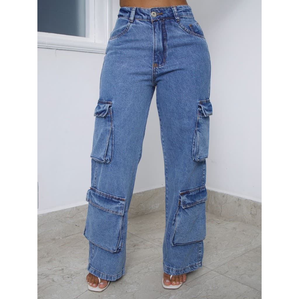 Calça Jeans Feminina Wide Leg com Bolsos Fole