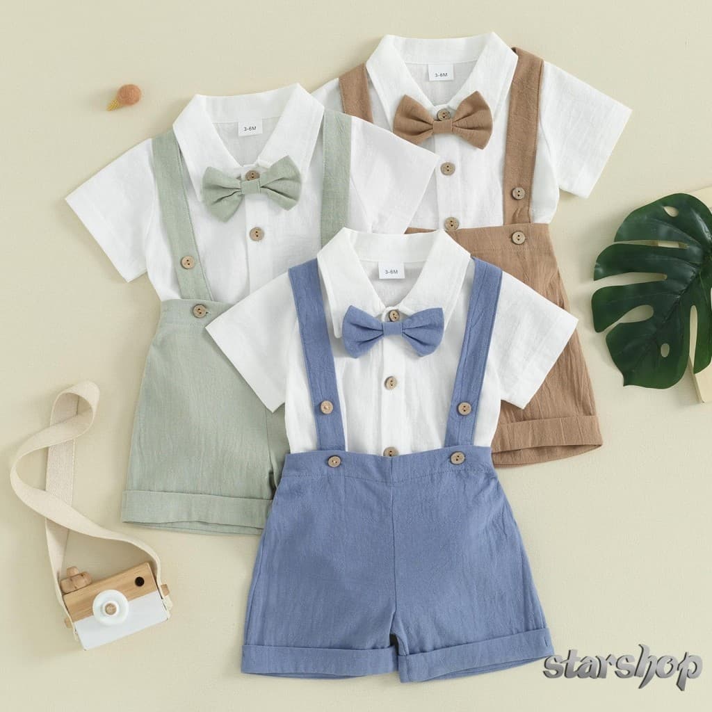 Starshop-Toddler Boy Gentleman Outfit Macacão De Manga Curta De Cor Sólida Com Gravata Borboleta E Conjunto De Shorts Pa