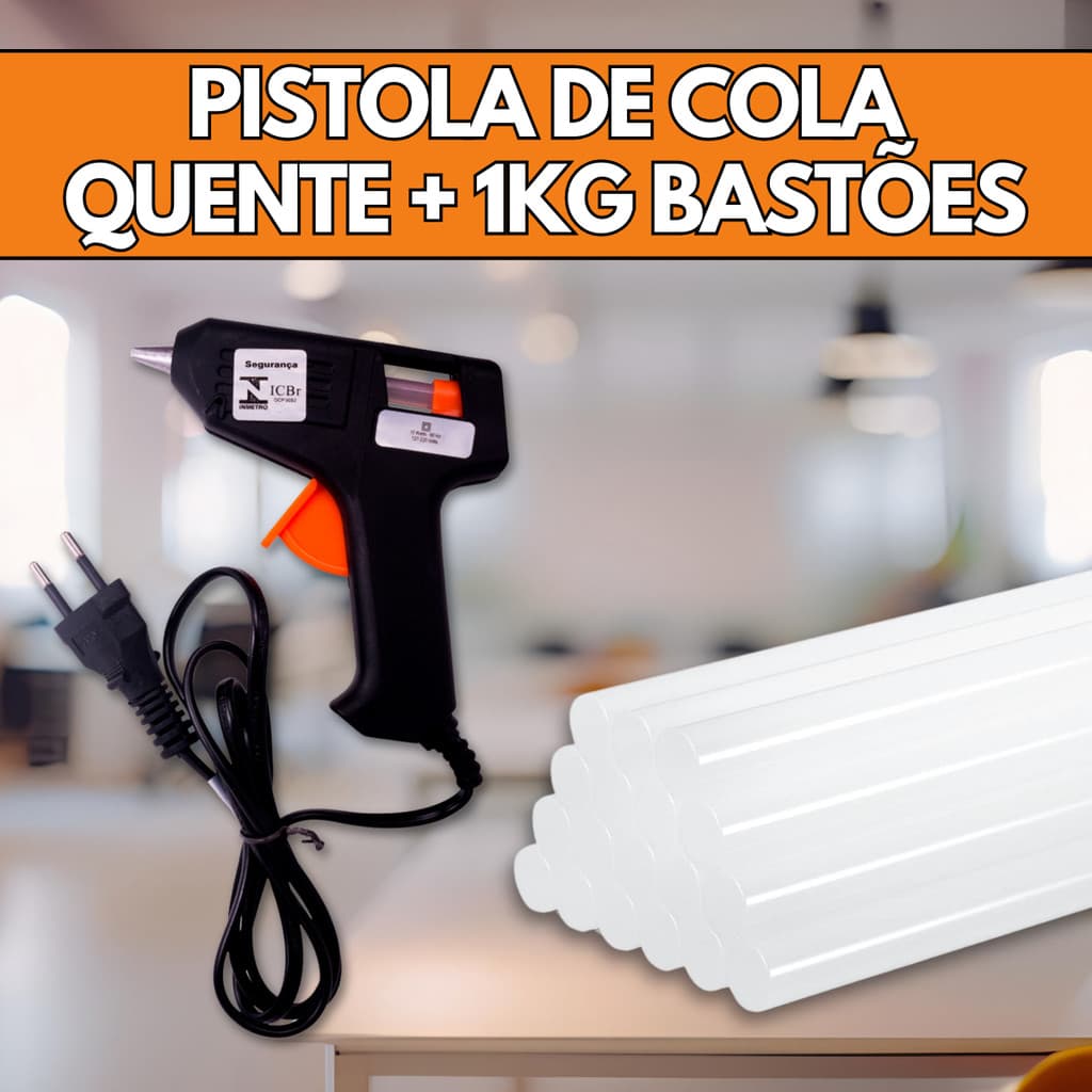 Kit Aplicador Pistola 10w + 1Kg Bastões De Cola Quente Fino 7mm