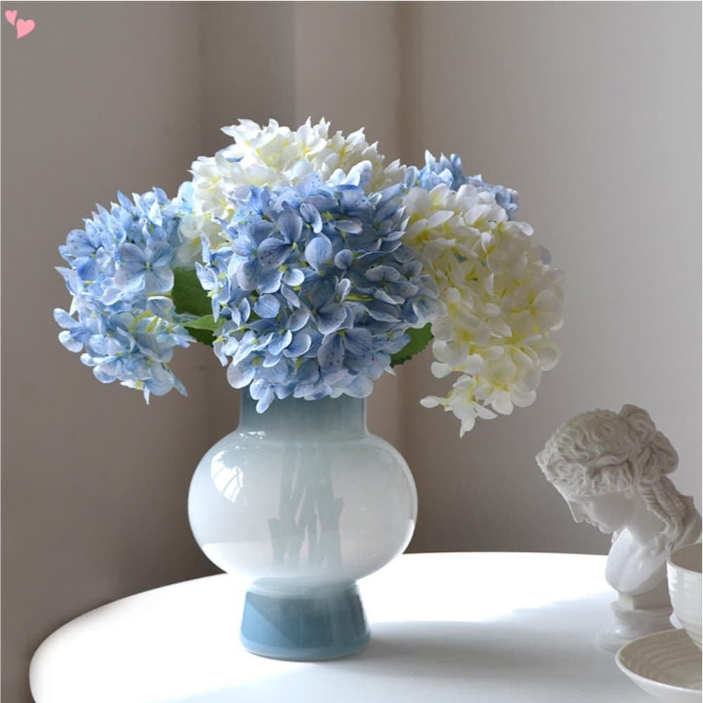 Flores Artificiais De Hortênsia Azul De Toque Real De 16.5 " Com Haste Longa E Folhas , Falsa De Látex Completo Para Dec
