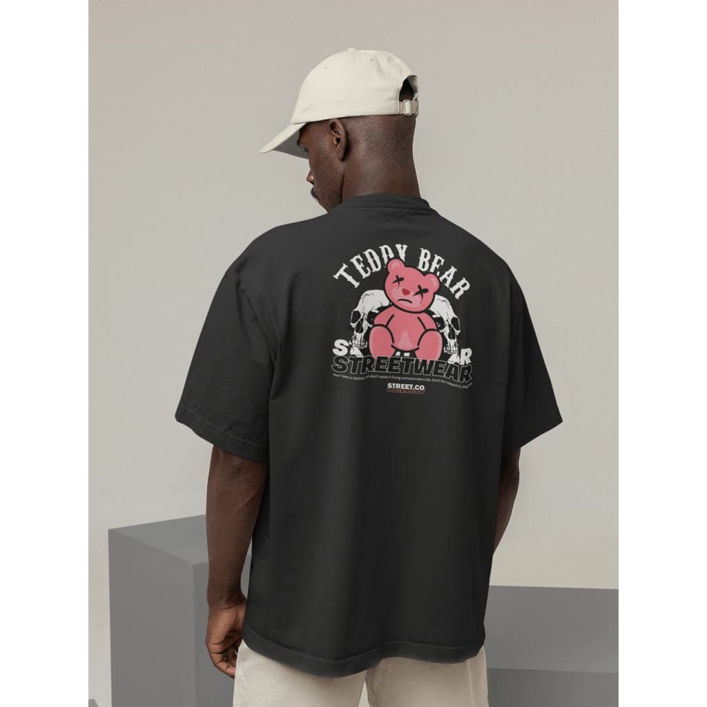 Camisa Camiseta Oversized Streetwear Masculino Urbano Treino Preto e Off Whte Estampado - TEDDY BEAR