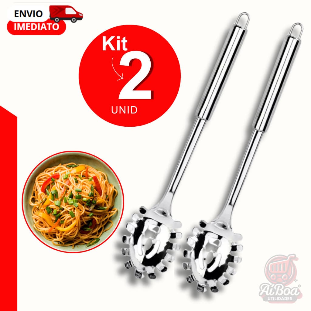 Pegador de Massa Inox com Dentes – Kit 2 ou 1 unid Colher Servir Macarrão Espaguete Cozinha Prática