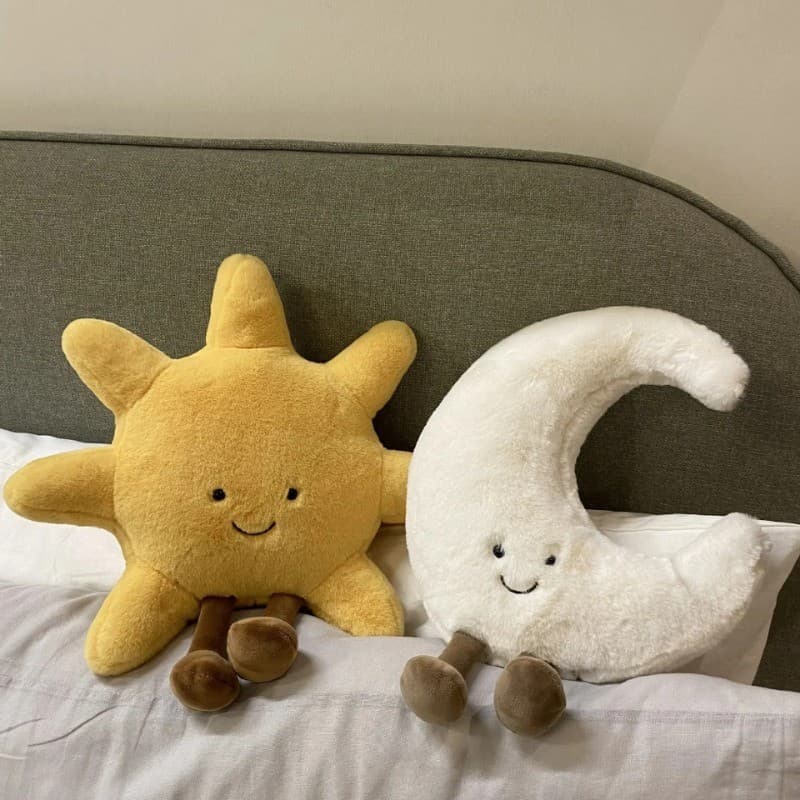 Adorável Sorriso Rosto Lua Branca Amarelo Sol Plushie Recheado Bonito Dos Desenhos Animados Tempo Brinquedo De Pelúcia P