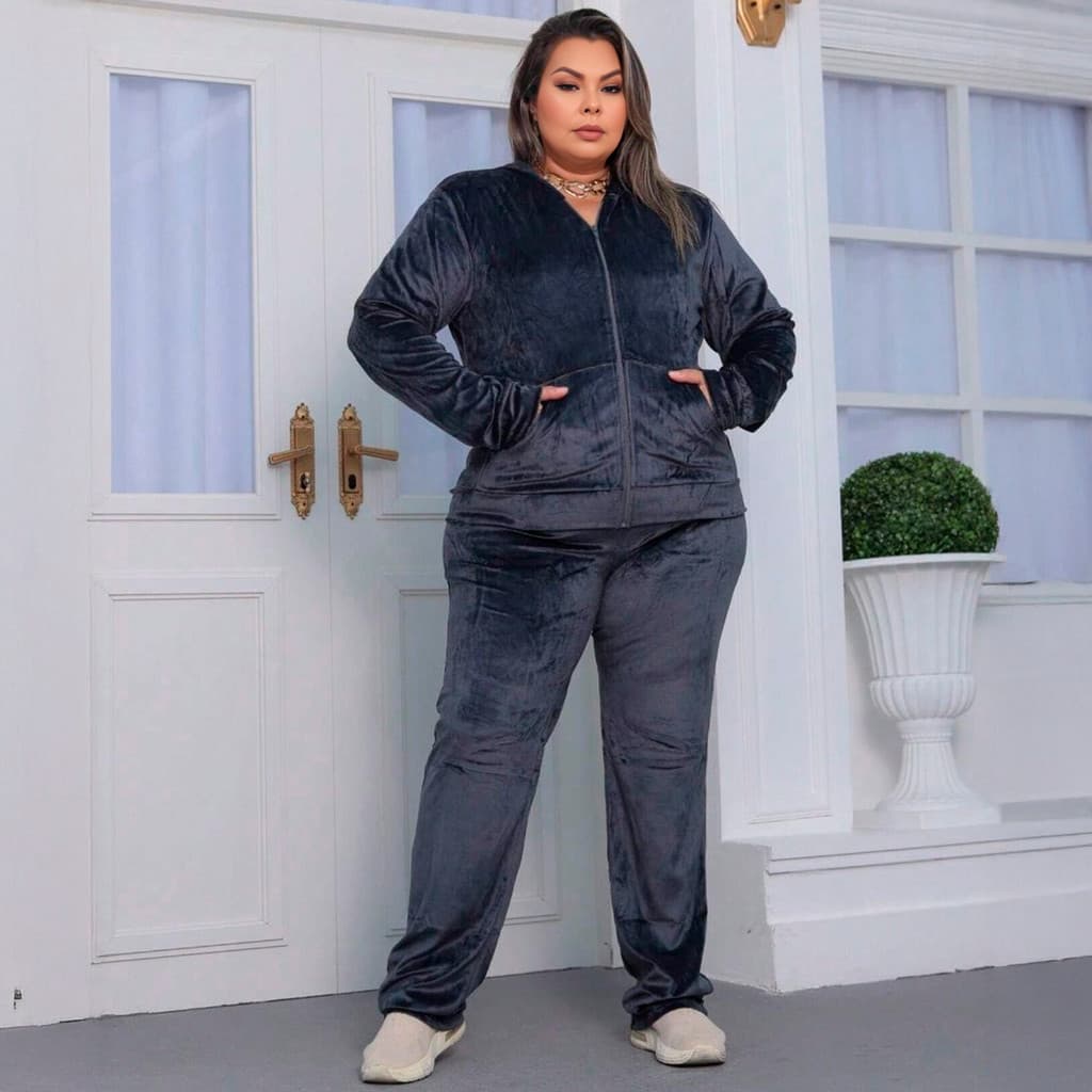 Conjunto Veludo Feminino Moletom Malha Plush Longa Plus Size