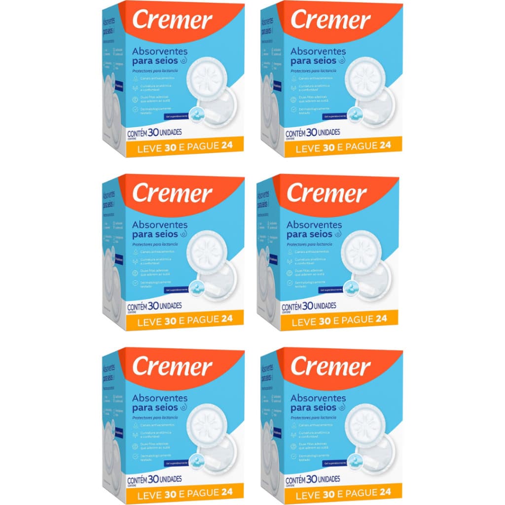 Kit 6 Absorventes para Seios Cremer - 180 Unidades (Atacado)