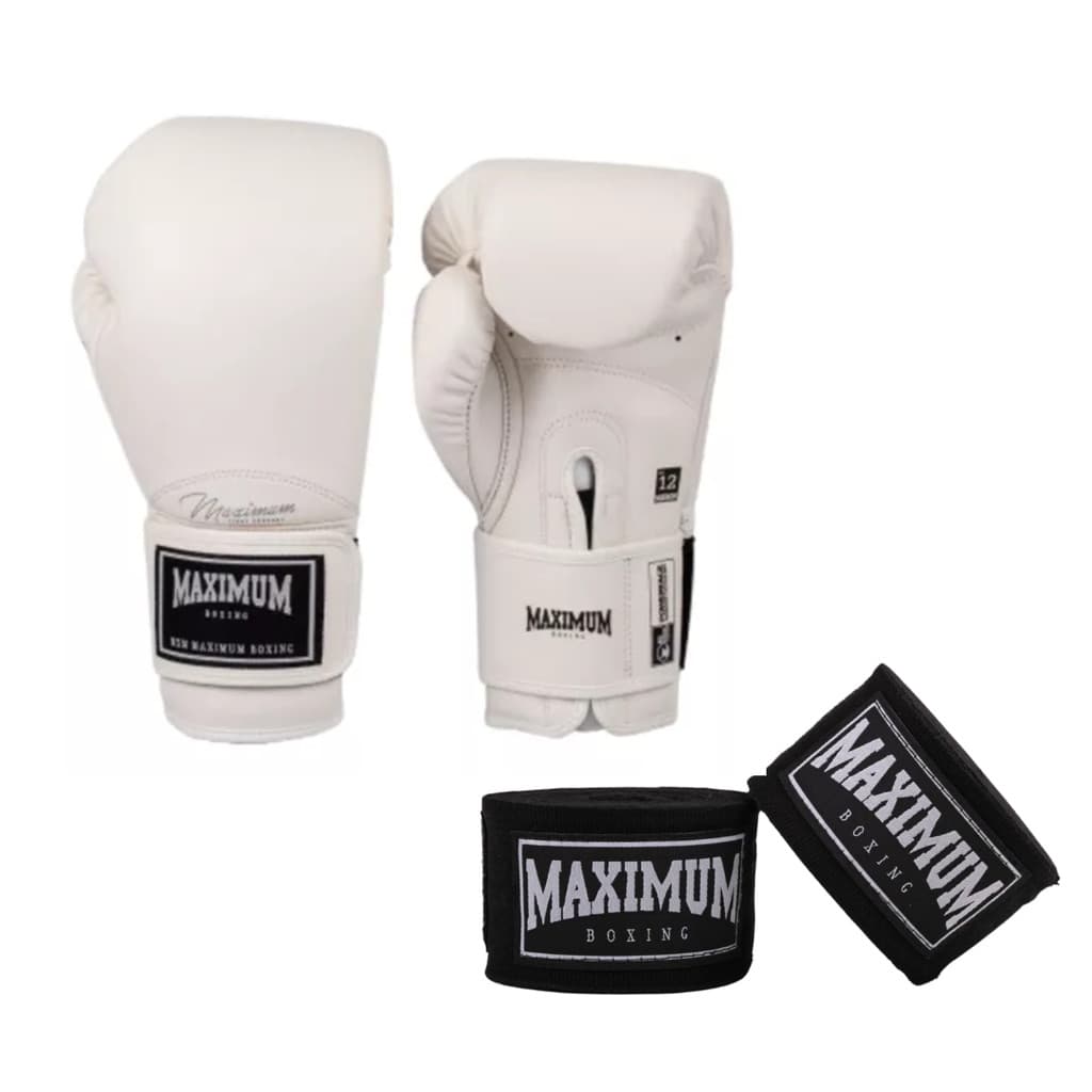 Kit Luva e Bandagem Branco e Preto Profissional para Muay Thai e Boxe Kickboxing