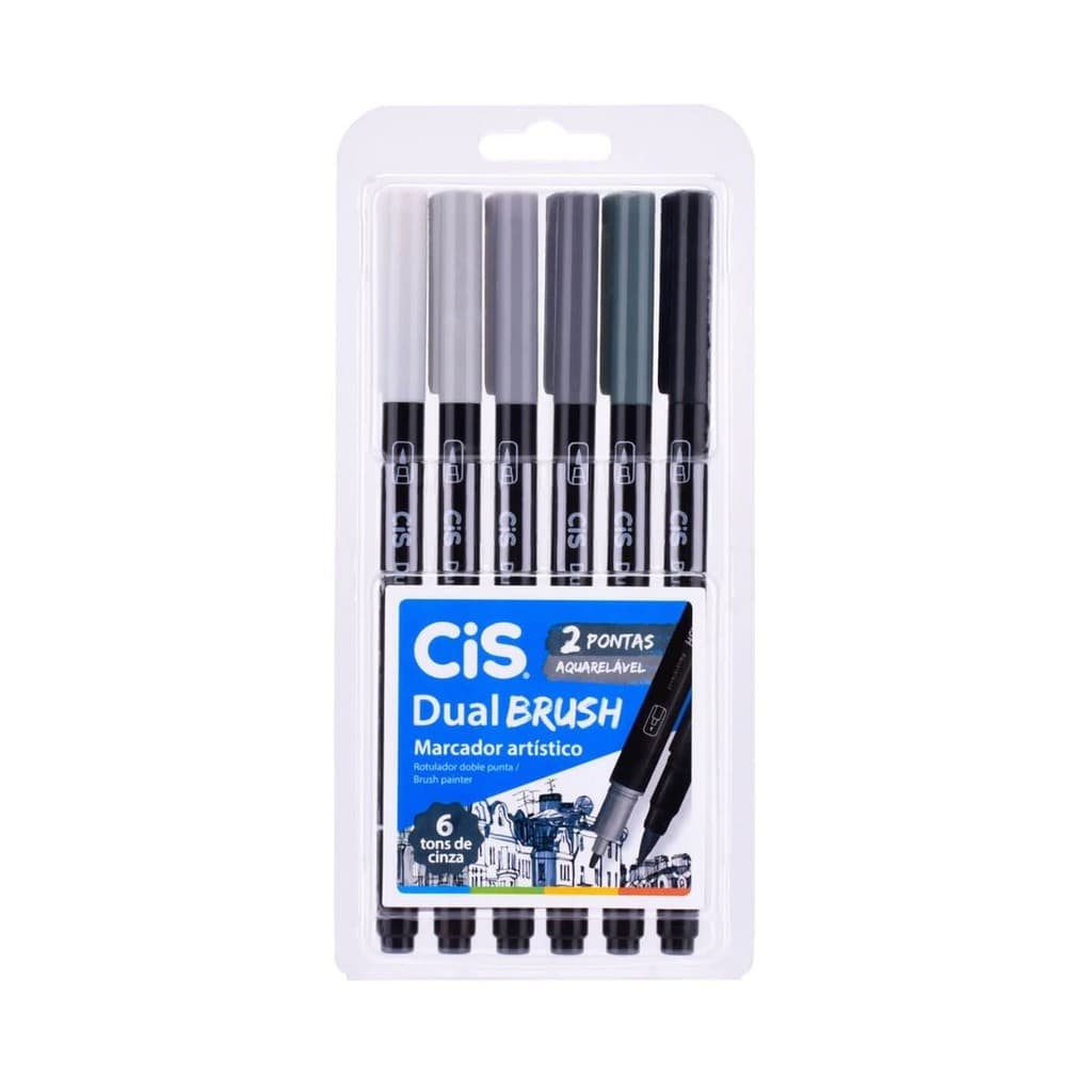 Marcadores Dual Brush 6 Cores CiS Tons de Cinza Aquarelável Material Escolar Escritório Volta Aulas