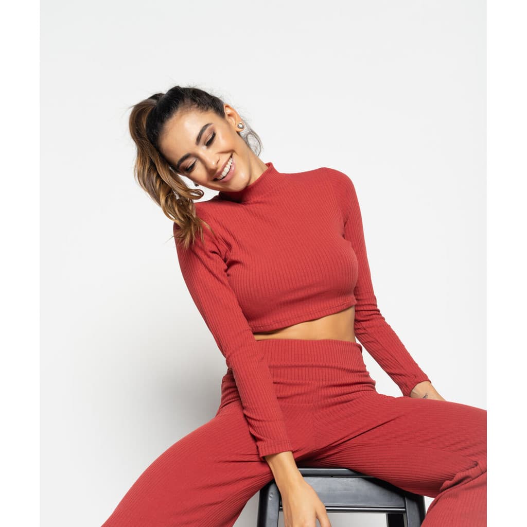 Cropped Gola Alta Manga Longa Comfy Malha Canelada Salvatore Fashion