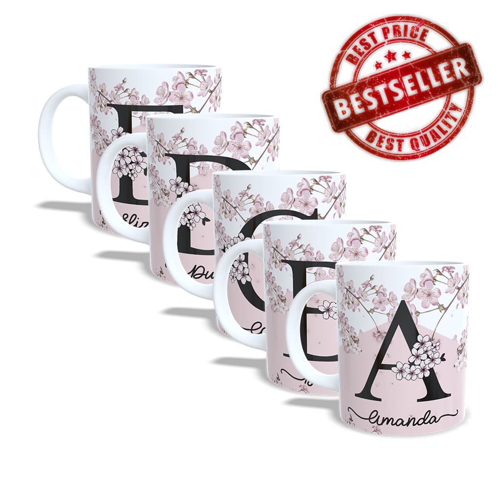 Kit com 5 Canecas Personalizadas Floral Cerejeira Com Letra do nome inicial caneca personalizada