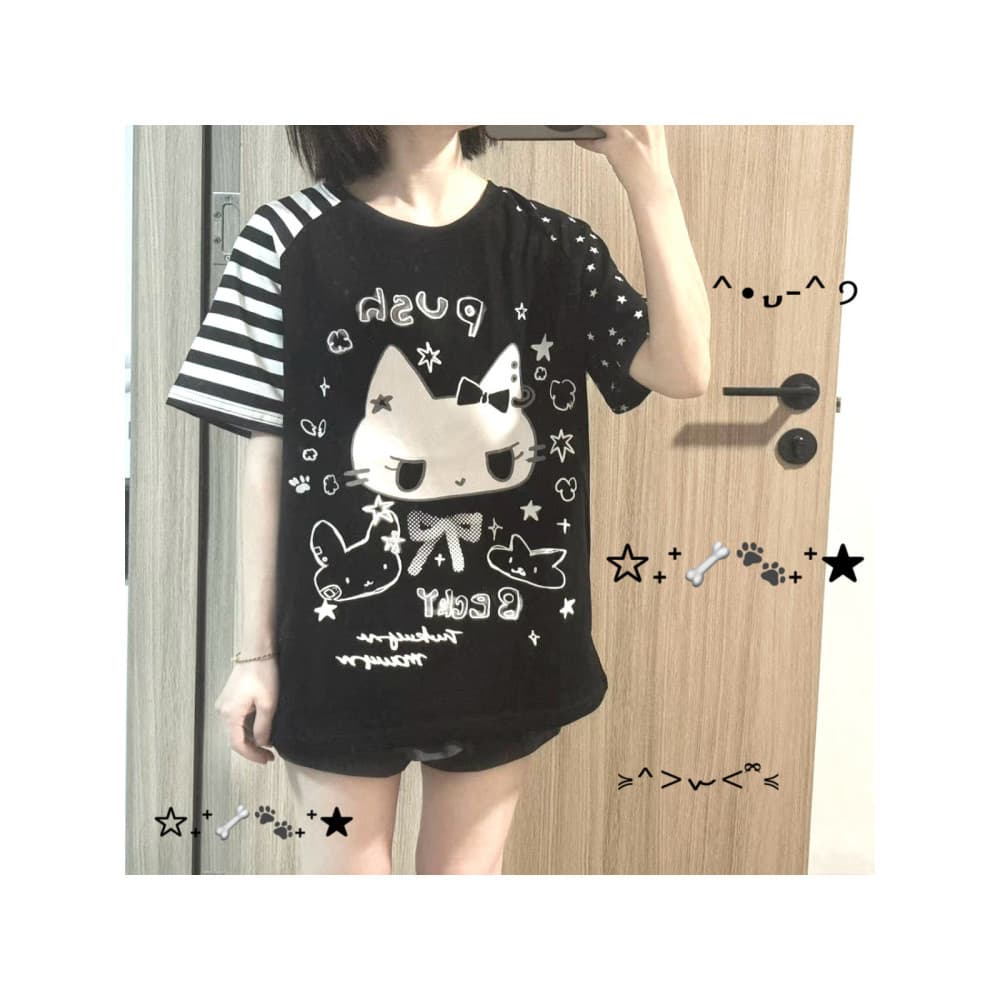 Camiseta Feminina Verão Subcultura Gato Estampa High Street Strip Estrela Projetada Manga Curta Top