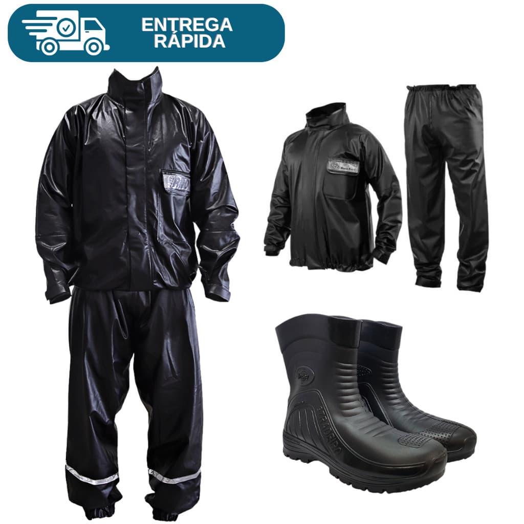 Conjunto Roupa Chuva Motoqueiro PLT + Bota Pvc Chuva Impermeável Moto Motociclista Motoboy Epi