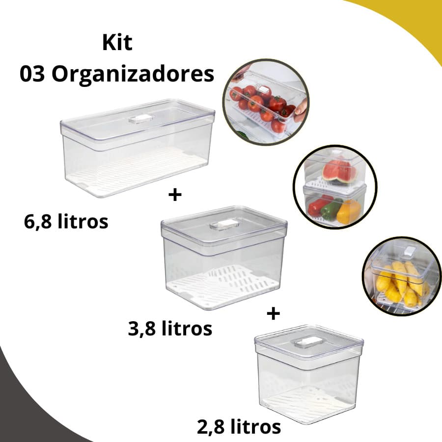 Kit 3 Organizadores de Geladeira 6,8 + 3,8 + 2,8 Litros Com Tela - Plastutti