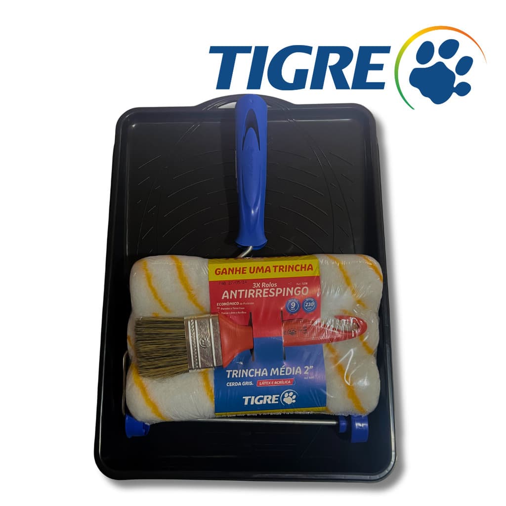 Rolo Pintura 3UN Antirespingo + Pincel Médio Trincha 2''  +Suporte p/ Rolo+ Bandeja Preta 23cm Tigre