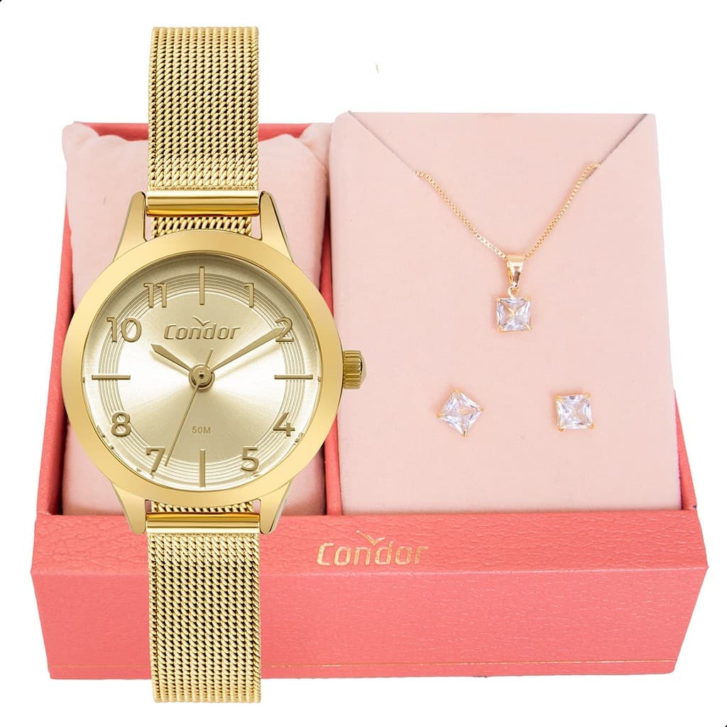 Relógio Condor Feminino Original Pequeno Dourado CO2035NHW/K4X Conjunto Colar E Brinco Feminino