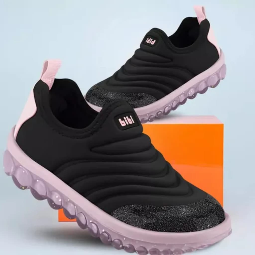 Tênis Bibi Roller 2.0 Escolar Calce Fácil Preto/Rosa Confortavel Fashion Glitter Menina