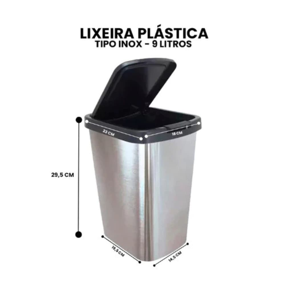 Lixeira Cesto Metalizado Plástica Label 09 Litros Com Tampa Click Gold Banheiro Cozinha Escritório Quarto Quadrada