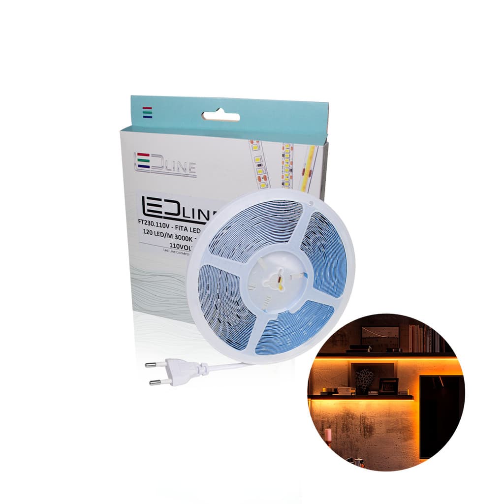 Fita de Led Direta 3528 3000K Branco Quente Com 10 Metros 120Led/M IP44 110V - Led Line
