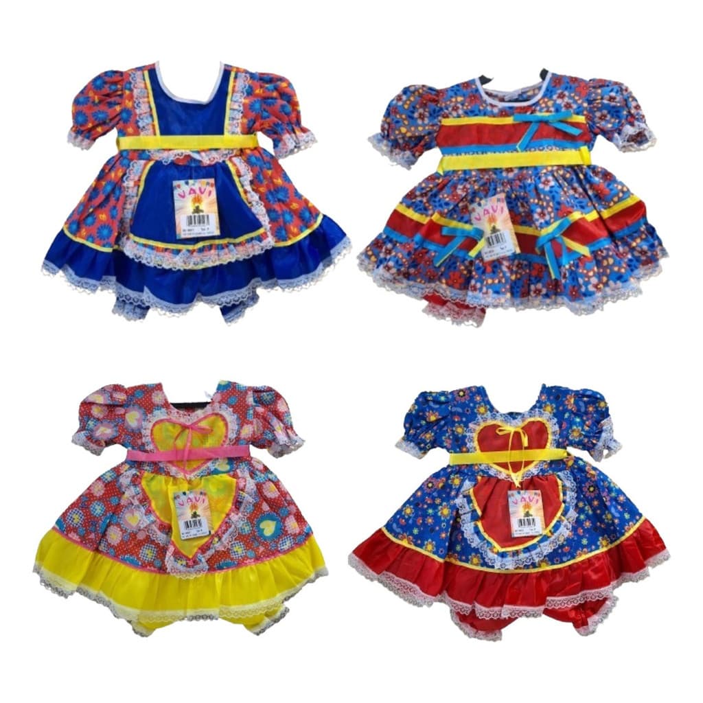 Vestido bebe junino junina quadrilha cores azul rosa vermelho amarelo