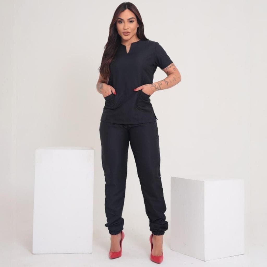 Pijama Cirurgico Scrub Preto Roupa Privativa Hospitalar Feminino