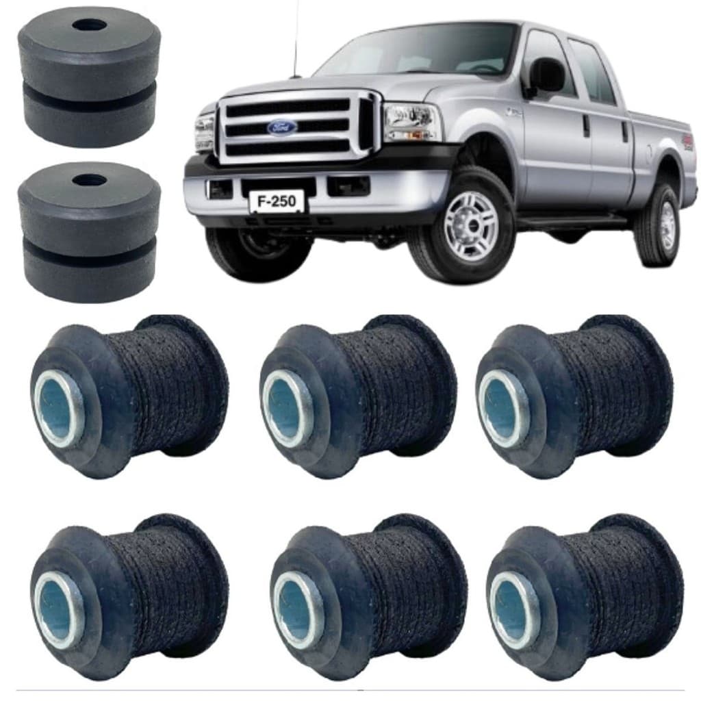 KIT BUCHA BORRACHA AMORTECEDORES DIANTEIROS E TRASEIRO FORD F250 F350 4X2 4CC G3 1998 A 2019 (FURO 13MM)