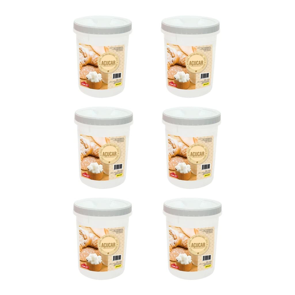 Kit 6 Potes Redondos Plásticos Com Tampa De Rosca Para Açúcar Branco 2L