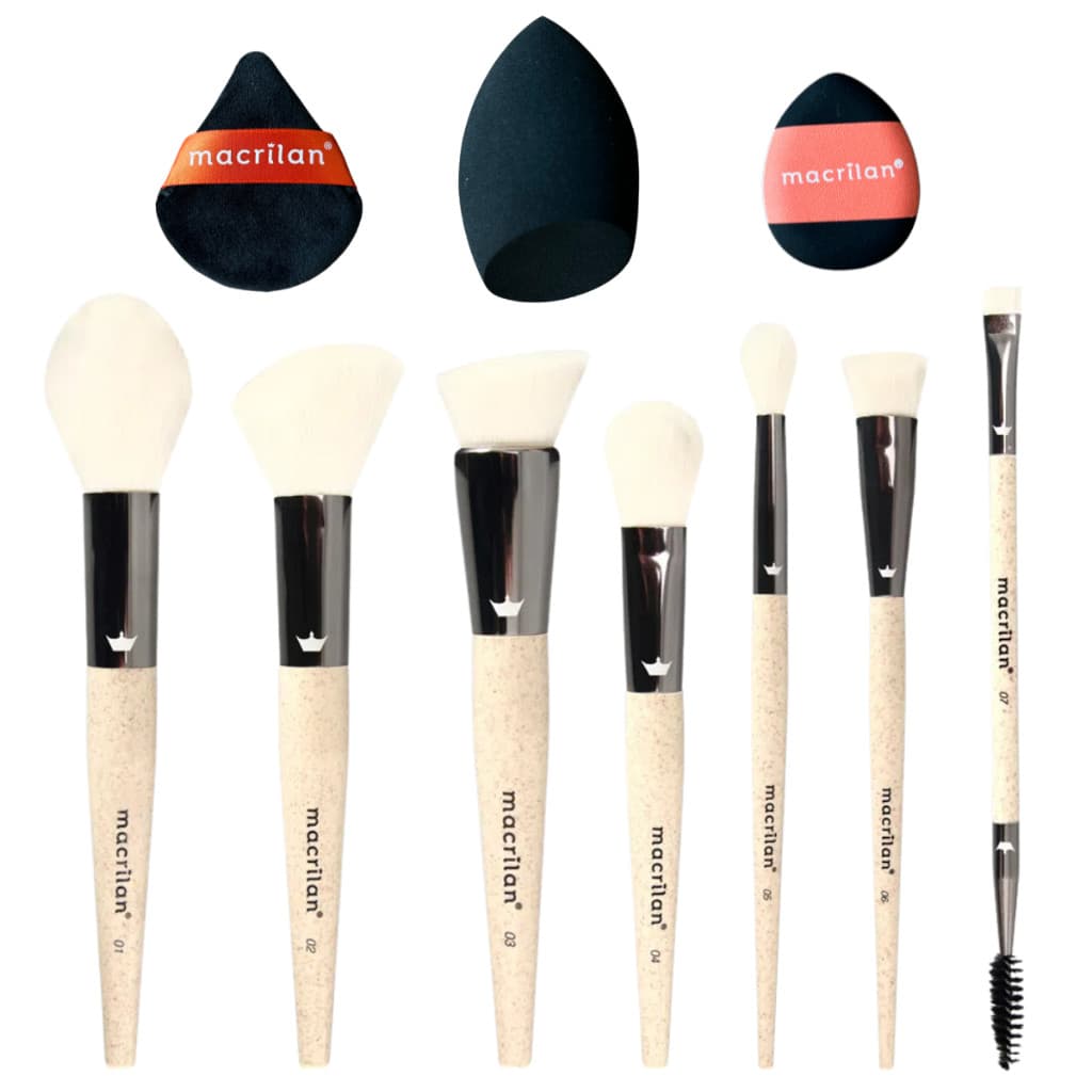 Kit 7 Pincéis P/ Maquiagem Macrilan Eco Sk100 Com Trio De Esponjas EP26 Efeito Profissional