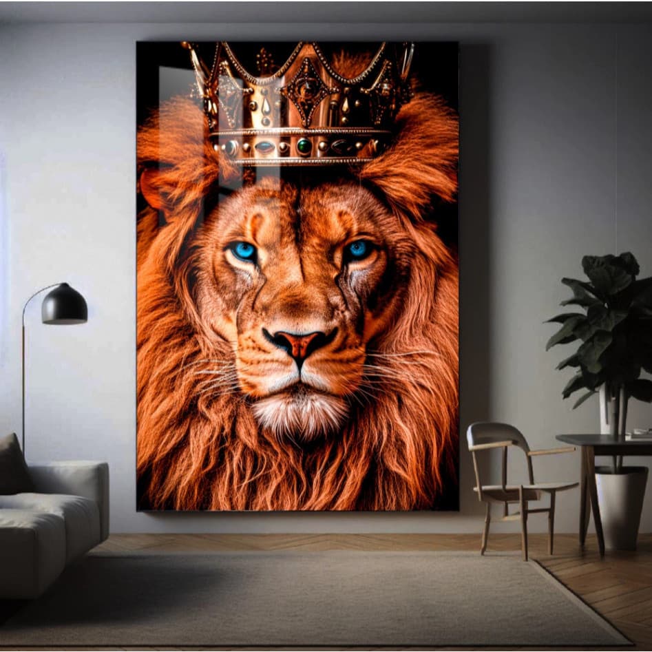 QUADRO TELA DECORATIVA 110X80 LEAO COM COROA TRIBO DE JUDA OLHOS AZUL 4K FULL HD PREMIUM VARIAÇOES